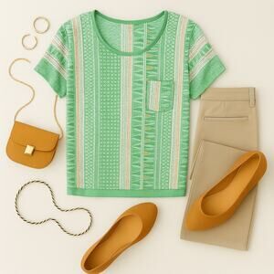 Meadow Rue Green  Zane Geo  Short Sleeve Blouse Top Small